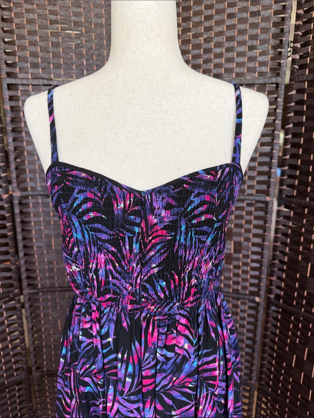 Torrid Black Tropical Print Midi Dress with Purple & Pink Leaves - Picture 2 of 5